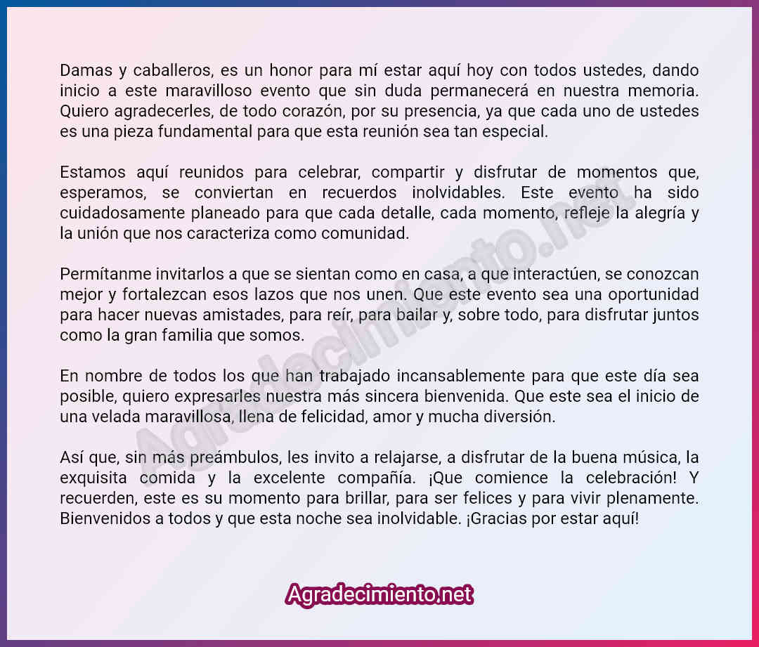 Palabras de bienvenida a un evento social ejemplos
